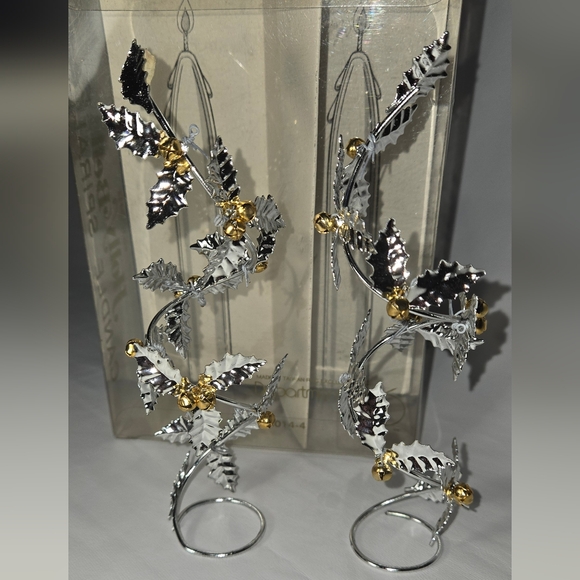 Candle Stick Holders Silver Leaves And Tiny Brass Jingle Bell Spirals NIB 6" - Picture 2 of 10